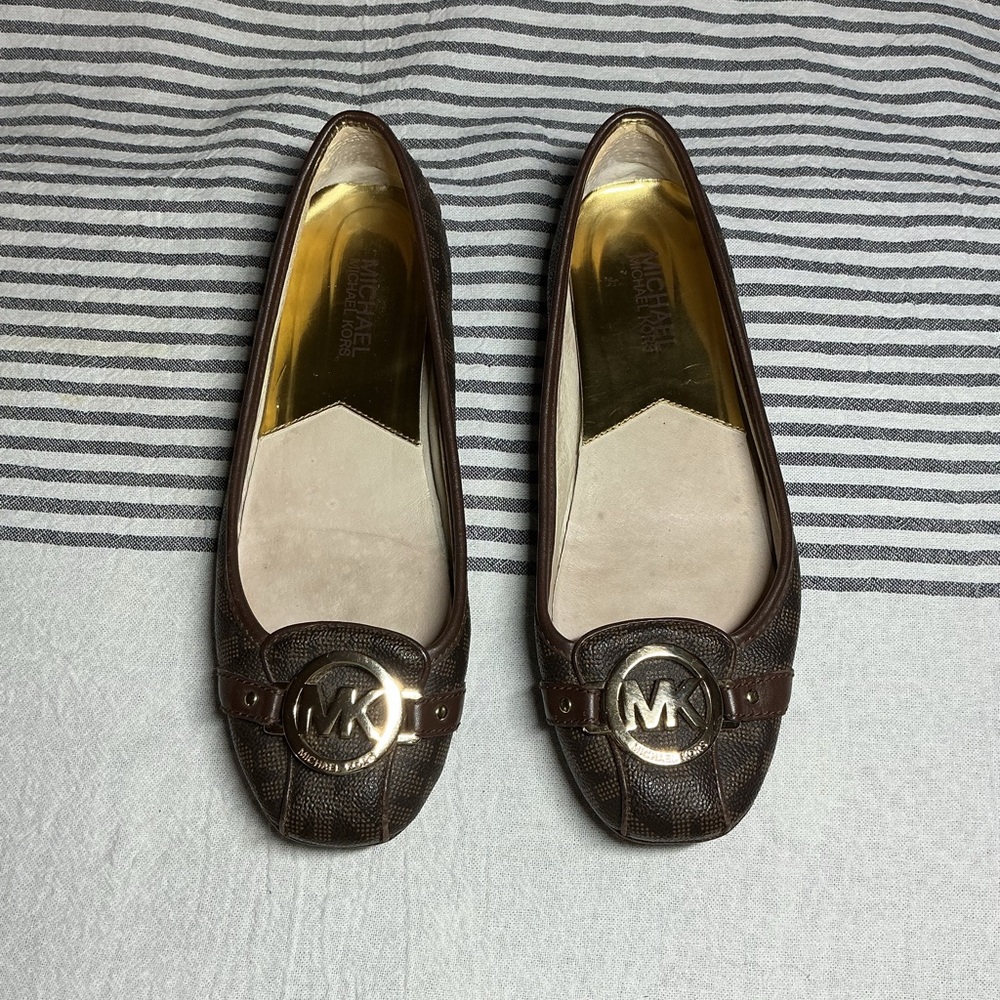 Michael Kors Dark Brown Leather MK Logo Ballet Flats